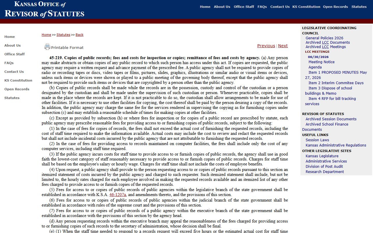 Douglas County Clerk of the District Court Kansas public record fee statute source