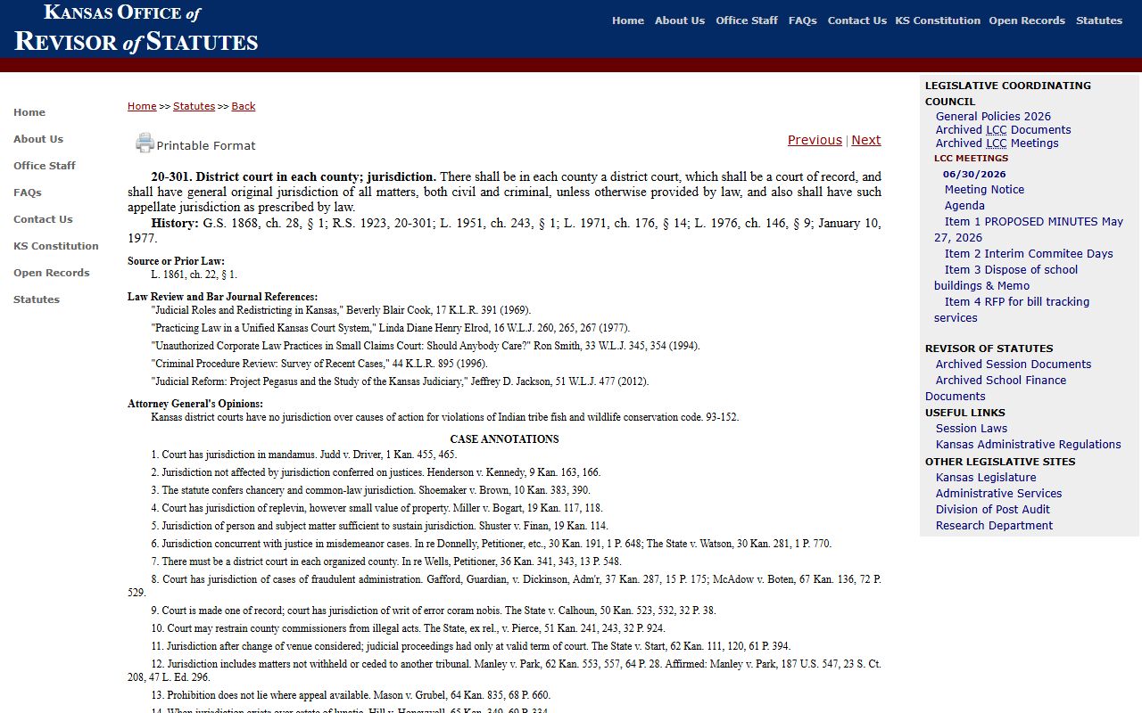 Douglas County District Court Kansas general jurisdiction statute record source