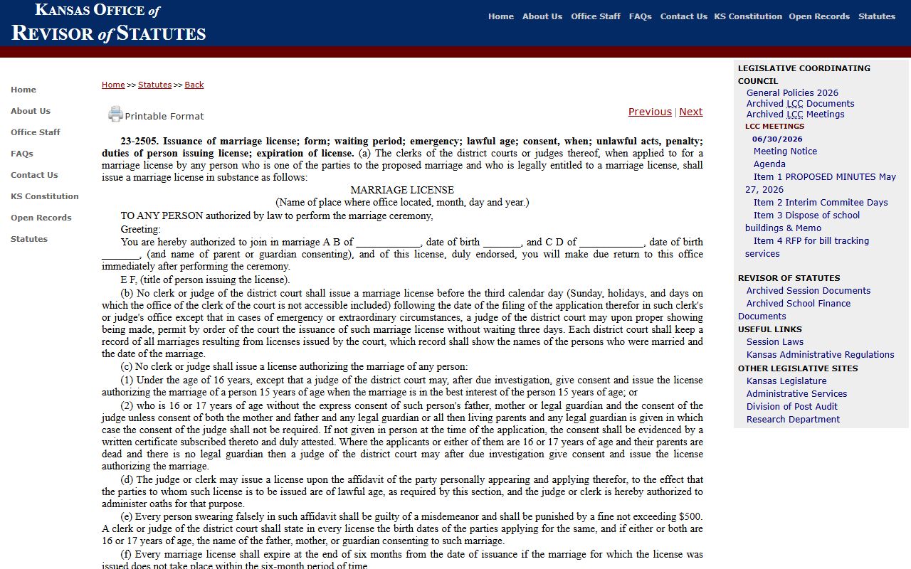 Douglas County marriage records Kansas marriage license issuance statute