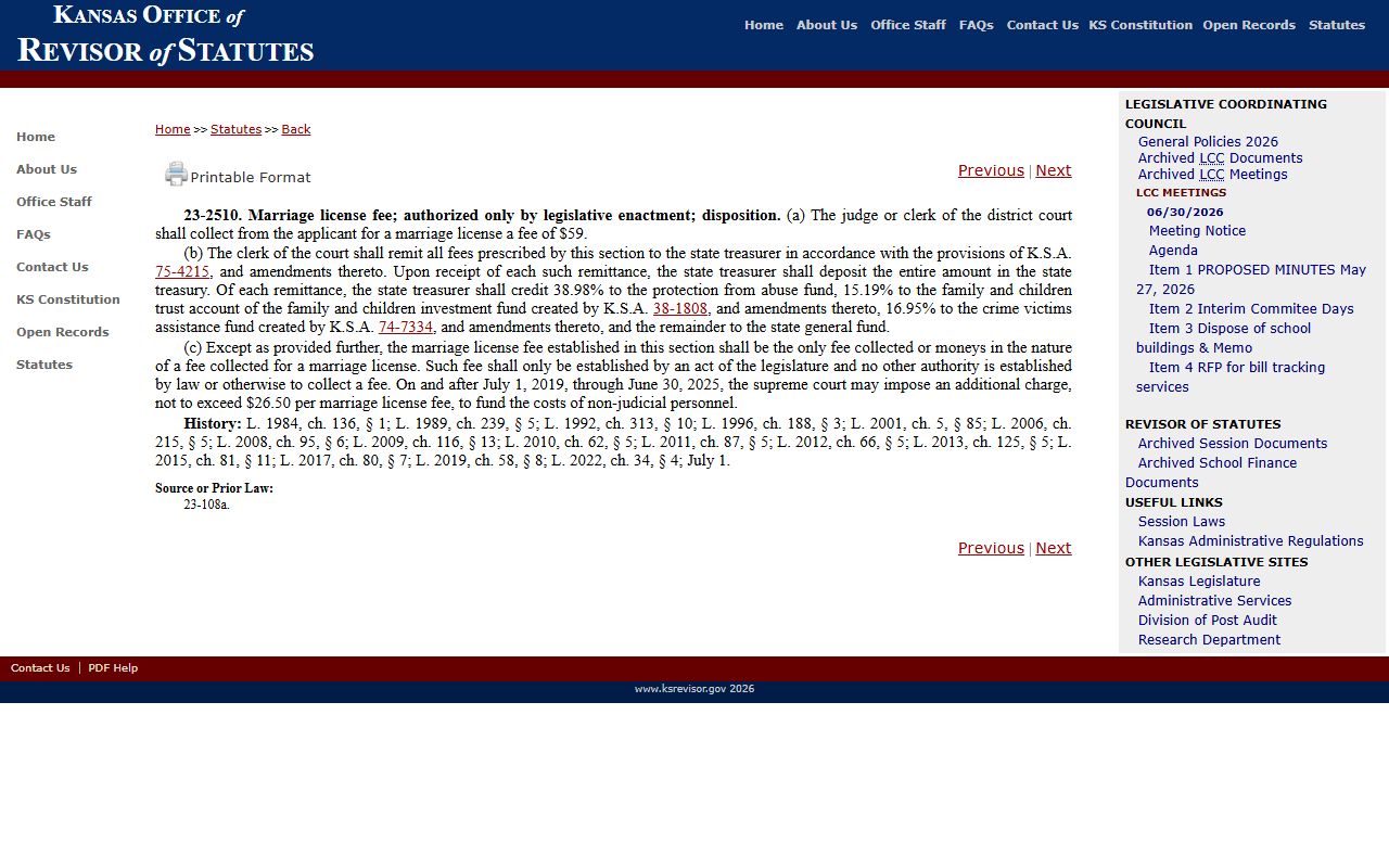 Douglas County marriage records Kansas marriage license fee statute