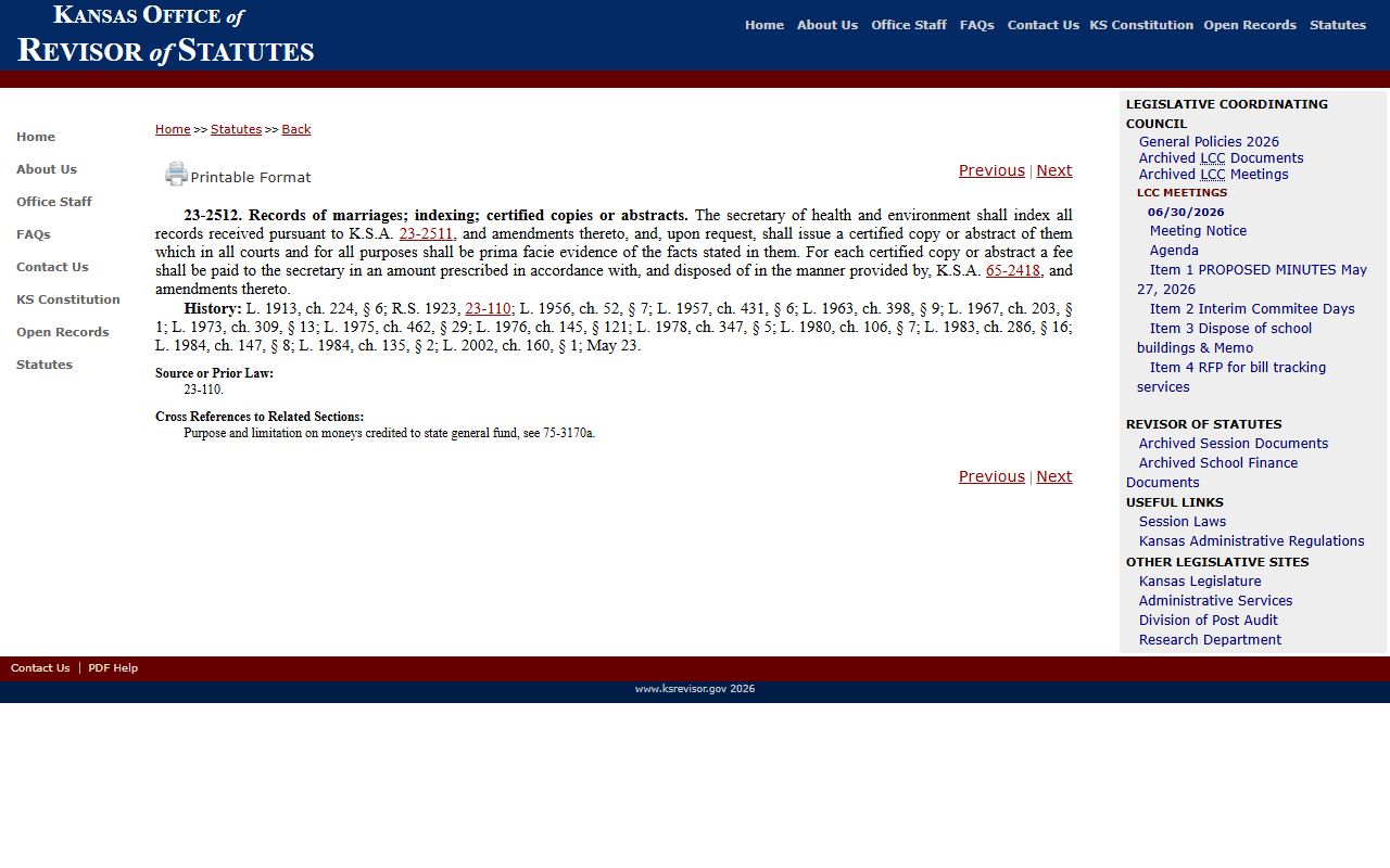 Douglas County probate records Kansas certified copy statute reference